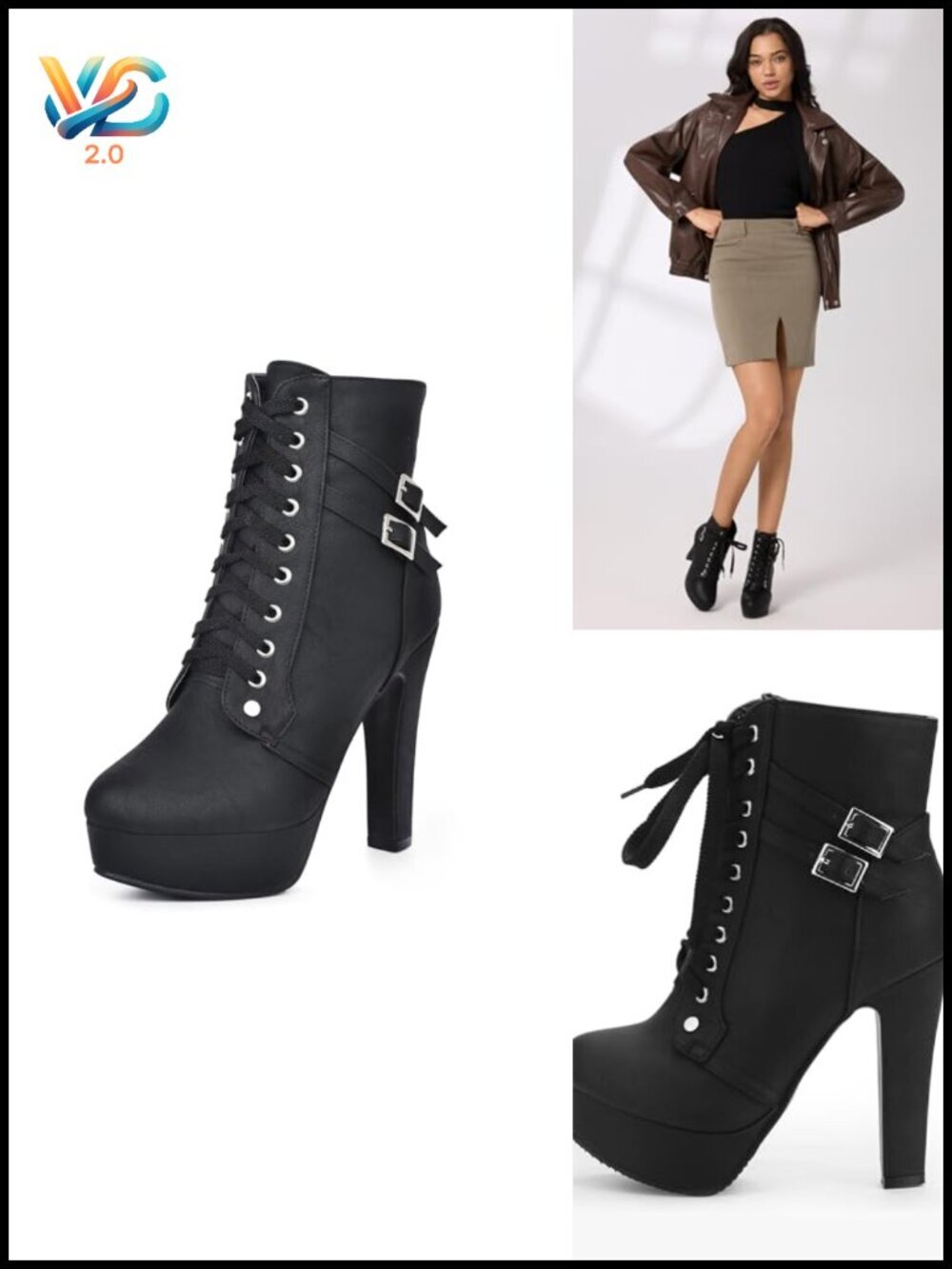 Women's Lace Up Chunky Platform Heeled Booties - Faux Leather Side Zipper Boots
